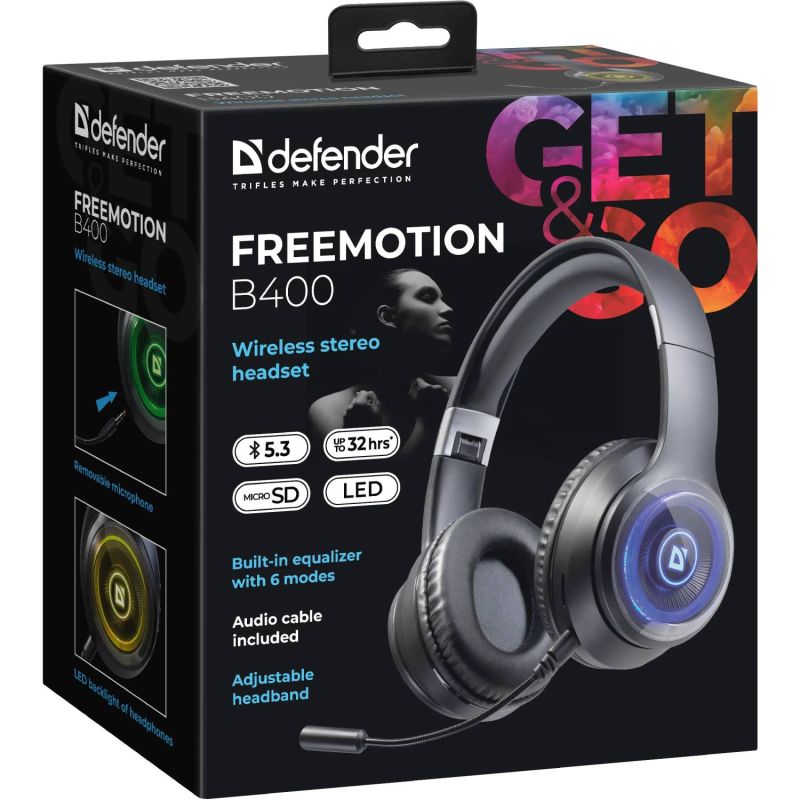 Гарнітура Defender FreeMotion B400 Bluetooth+3,5мм,гнучкий мікрофон, LED, Black (63400)