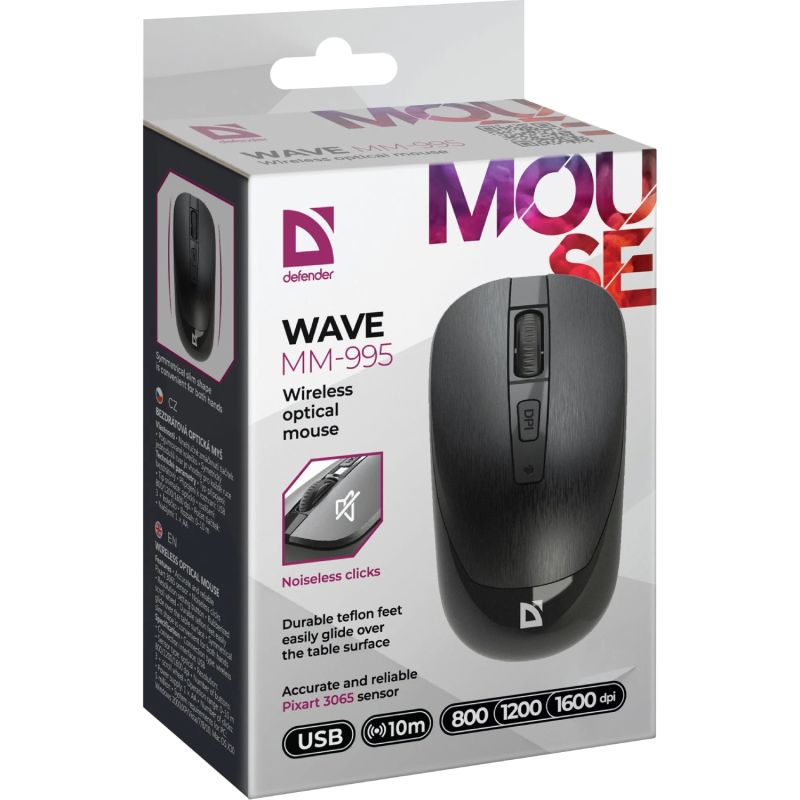 Мишка Defender Wave MM-995, бездротова, 4 кн. до 1600 dpi, безшумна, чорна (52995)