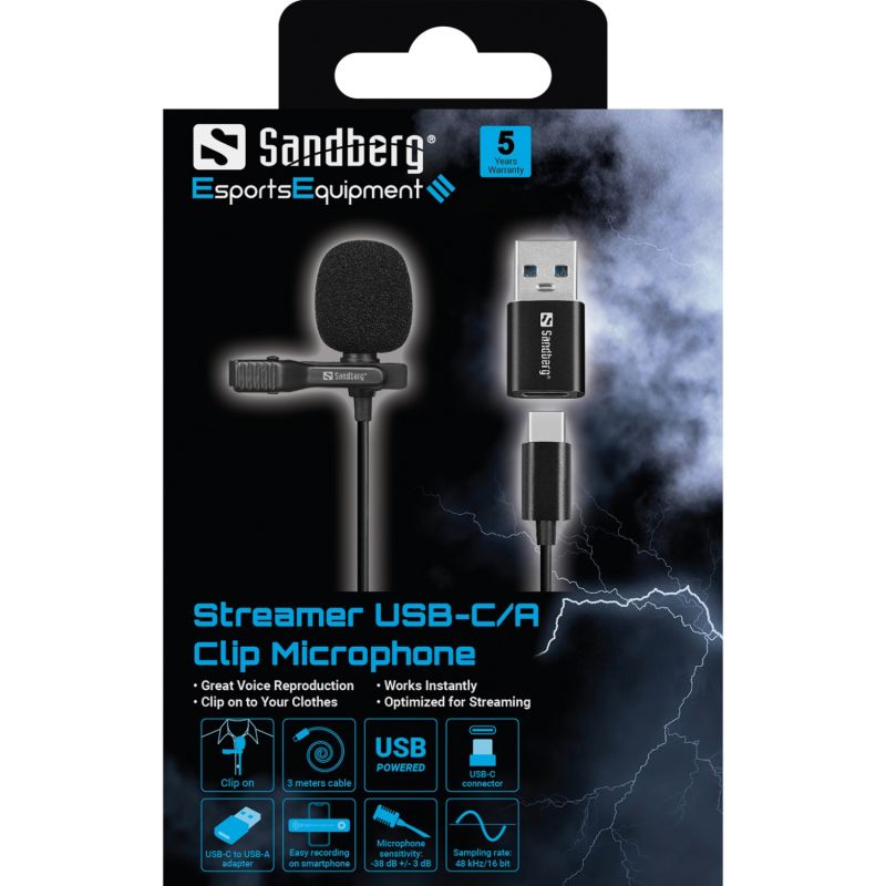Мікрофон петличний Sandberg Streamer USB Clip USB-A/USB-C, провідний, кабель 3м, чорний (126-40)