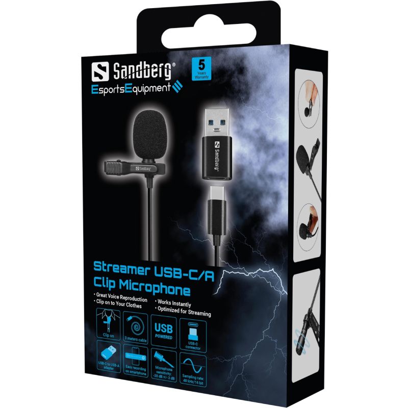 Мікрофон петличний Sandberg Streamer USB Clip USB-A/USB-C, провідний, кабель 3м, чорний (126-40)