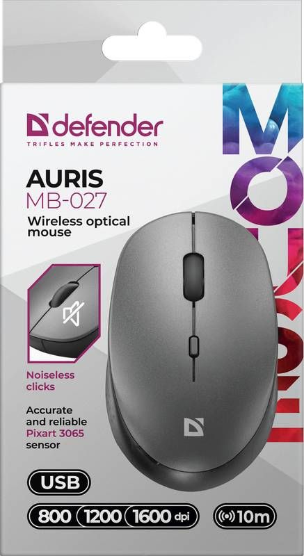 Мишка Defender Auris MB-027, бездротова, 3 кн. до 1600 dpi, безшумна, сіра (52029)