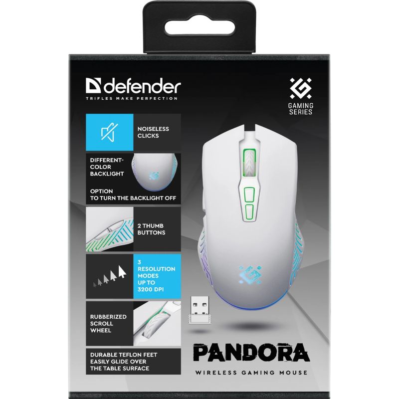 Мишка Defender Pandora GM-502, бездротова, ігрова, 7кн., 3200 dpi., 500 mAh, біла (52502)