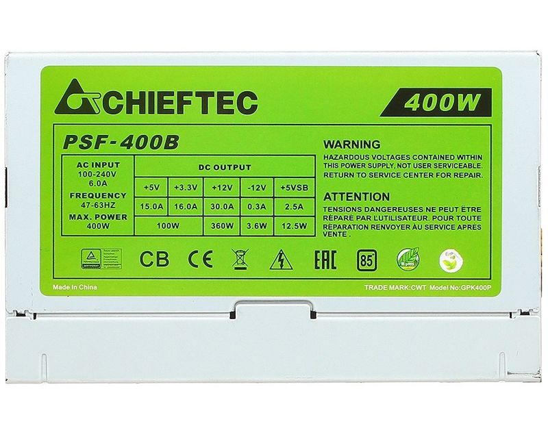 БЖ 400W Chieftec SMART PSF-400B, 80 mm, ~85%, Bulk (PSF-400B)