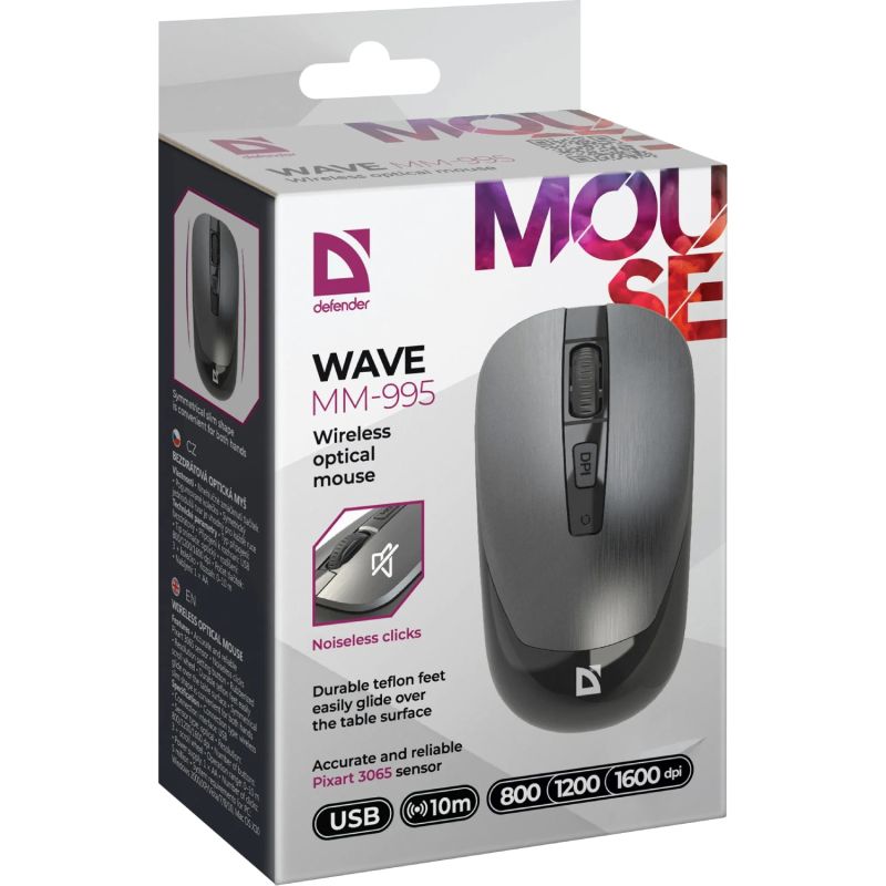 Мишка Defender Wave MM-995, бездротова, 4 кн. до 1600 dpi, безшумна, сіра (52993)