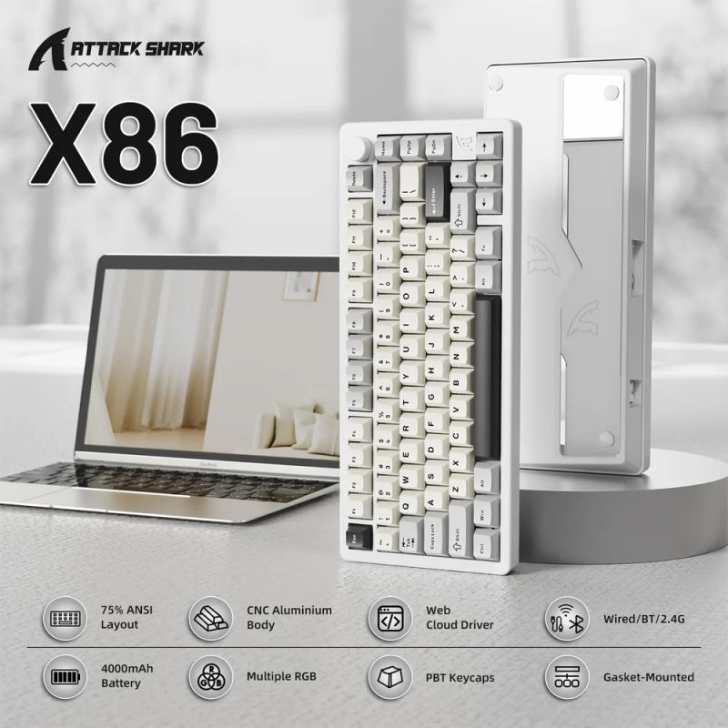 Клавіатура ігрова механічна Attack Shark X86 82кл.RGB,Wireless,Matcha Switch, Starlight White (X86SW_AS)