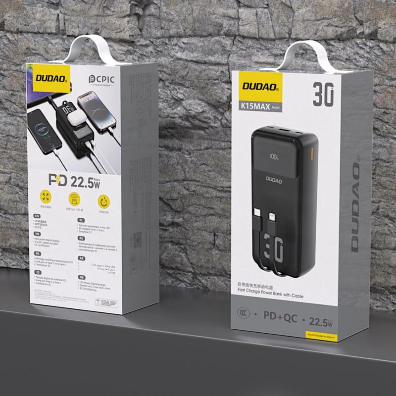 УМБ Dudao 30000mAh K15 MAX 22,5W PD,QC, USB-A, Lightning, USB-C In/Out, with USB-C/Lightning cables (6977196682478)
