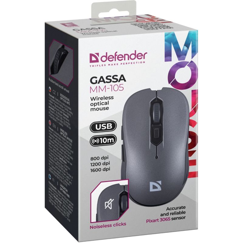 Мишка Defender Gassa MM-105, бездротова, 6 кн., 1600 dpi, безшумна сіра (52104)