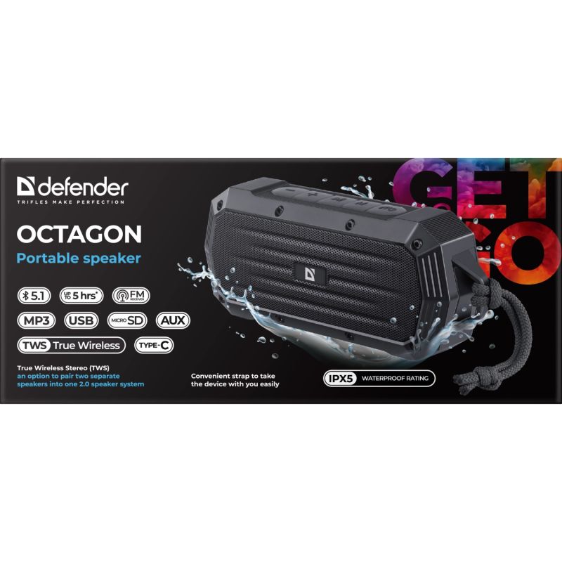 Акустична система 1.0 Defender Octagon 5W, Octagon 5Вт, BT/FM/USB/TF/AUX/IPX5 (65039)