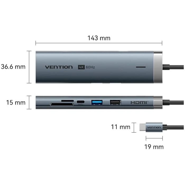 Док-станція USB3.2 Type-C --> HDMI 4K60Hz/USB 3.0/USB2.0/RJ45/SD/TF/PD 100W Hub 8-in-1 Vention (TGUHB)