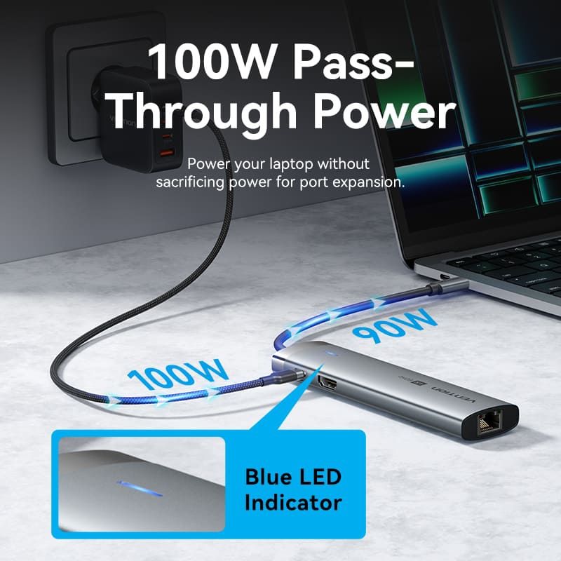 Док-станція USB3.2 Type-C --> HDMI 4K60Hz/USB 3.0/USB2.0/RJ45/SD/TF/PD 100W Hub 8-in-1 Vention (TGUHB)