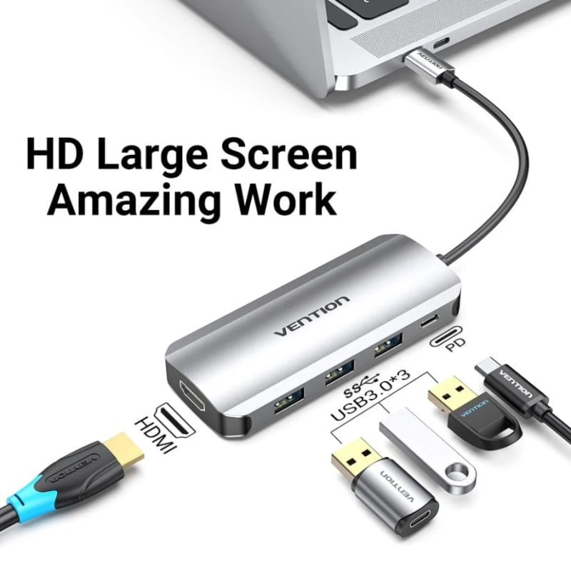 Док-станція USB3.1 Type-C --> HDMI 4K30Hz/USB 3.0х3//PD 100W 5-in-1 Vention (THFHB)