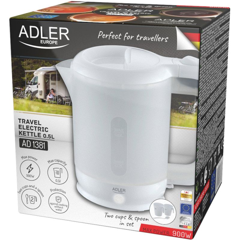 Електрочайник Adler AD 1381 дорожній 900Вт/ 0.5л/ 2 чашки/ ложка/ білий (AD1381)