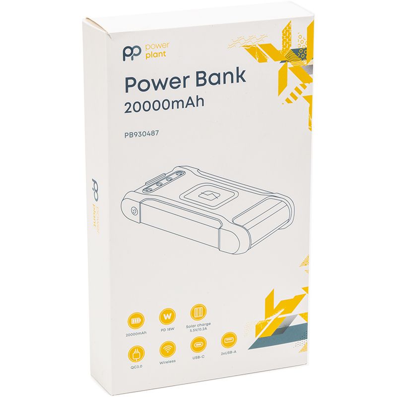 Мобільна батарея PowerPlant 20000mAh, PD 18W, USB-C, 2xUSB-A, QC3.0, Wireless, Solar panel 5.5V-0,2A (PB930487)