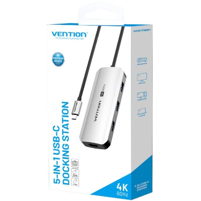 Док-станція USB3.1 Type-C --> HDMI 4K60Hz/USB 3.0x3/PD 100W 5-in-1 Vention (TQDHB)