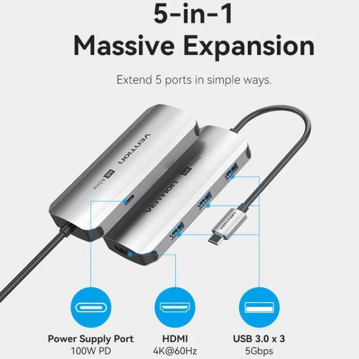 Док-станція USB3.1 Type-C --> HDMI 4K60Hz/USB 3.0x3/PD 100W 5-in-1 Vention (TQDHB)