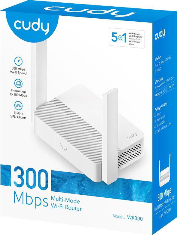Маршрутизатор Cudy , N300 Wi-Fi Router, 802.11b/g/n,300Mbps, 2.4GHz, 4 × 10/100Mbps Ports, 2 × (WR300)