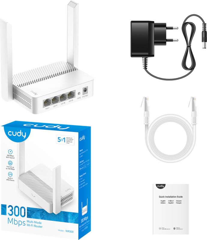 Маршрутизатор Cudy , N300 Wi-Fi Router, 802.11b/g/n,300Mbps, 2.4GHz, 4 × 10/100Mbps Ports, 2 × (WR300)