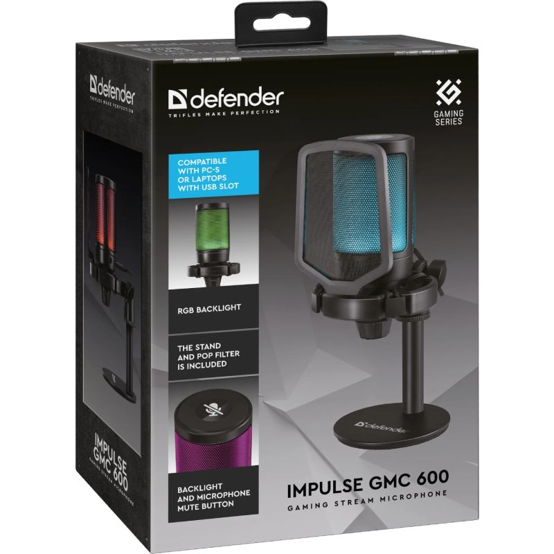 Ігровий стрім мікрофон Defender Impulse GMC 600 USB, RGB, 1.8м чорний (64660)