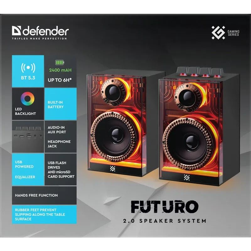 Акустична система 2.0 Defender Futuro, 20Вт Bluetooth/USB/TF/AUX, LED, чорна (65087)