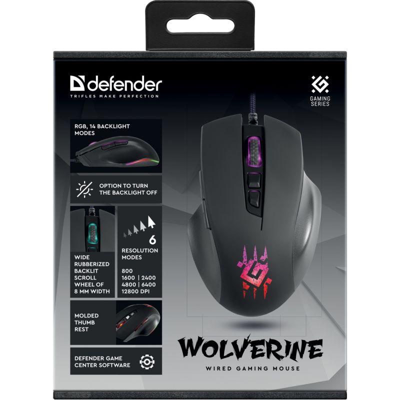 Мишка Defender Wolverine GM-700L ігрова RGB, 7 кн., 12800 dpi, чорна (52700)