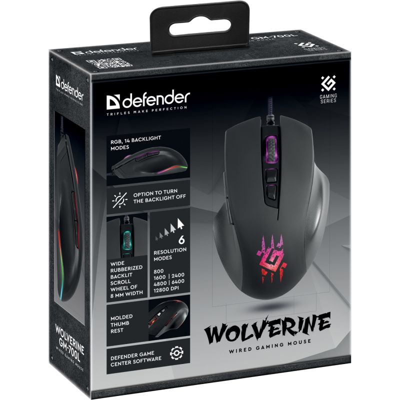 Мишка Defender Wolverine GM-700L ігрова RGB, 7 кн., 12800 dpi, чорна (52700)