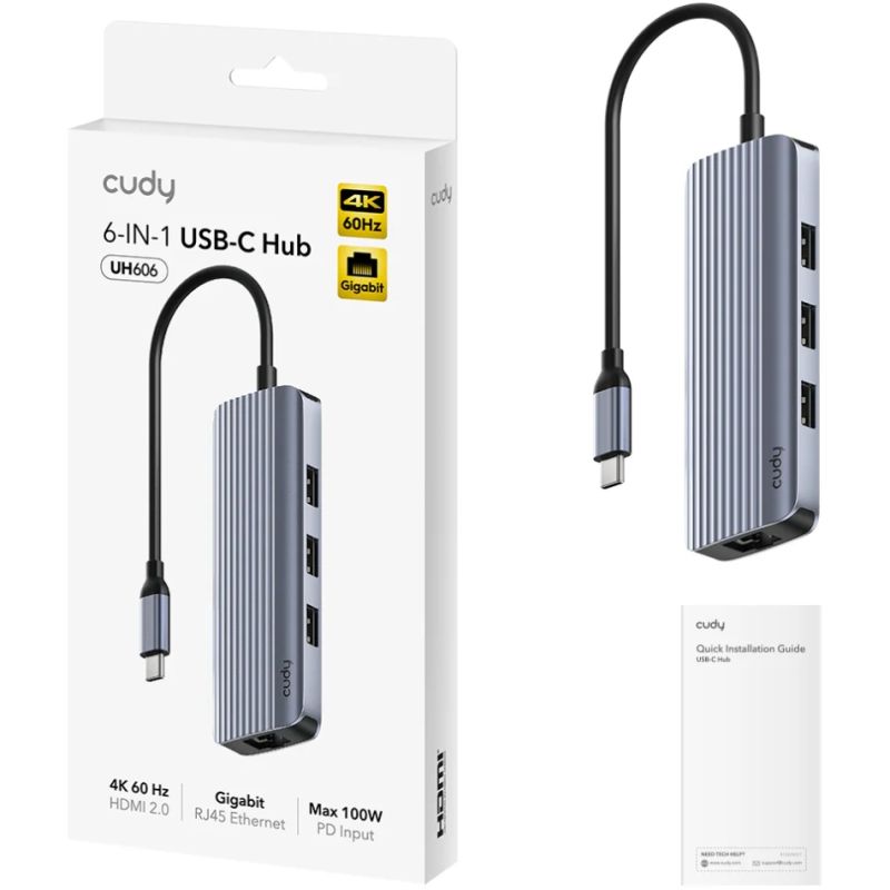 Док станція USB3.0 Type-C --> HDMI 4K60Hz/USB-C/1хUSB-A 3.0 5 Гбіт/с, 2хпередачі даних USB-A 2.0 Cud (UH606)