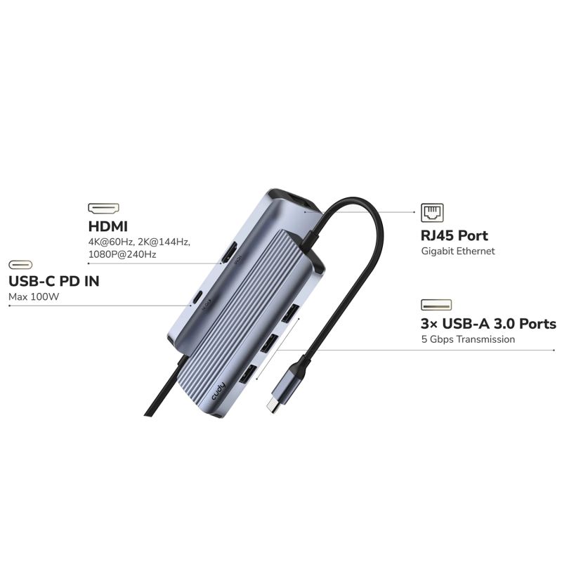 Док станція USB3.0 Type-C --> HDMI 4K60Hz/USB-C/1хUSB-A 3.0 5 Гбіт/с, 2хпередачі даних USB-A 2.0 Cud (UH606)