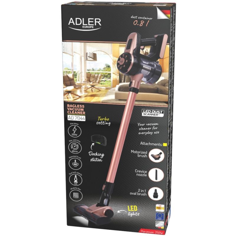 Порохотяг Adler AD 7044 бездротовий/ 250Вт/ 12,000 Pa/ 0,8л/ LED/ TURBO/ настінне кріплення (AD7044)