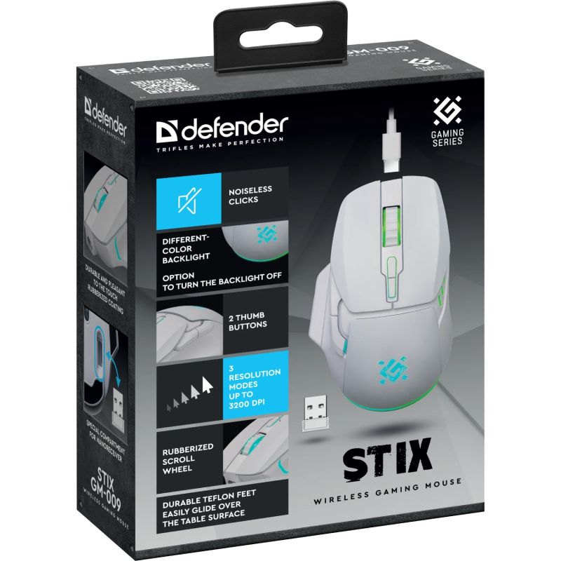 Мишка Defender Stix GM-009, бездротова, 7кн. 3200 dpi, 500 мАh, біла (52009)