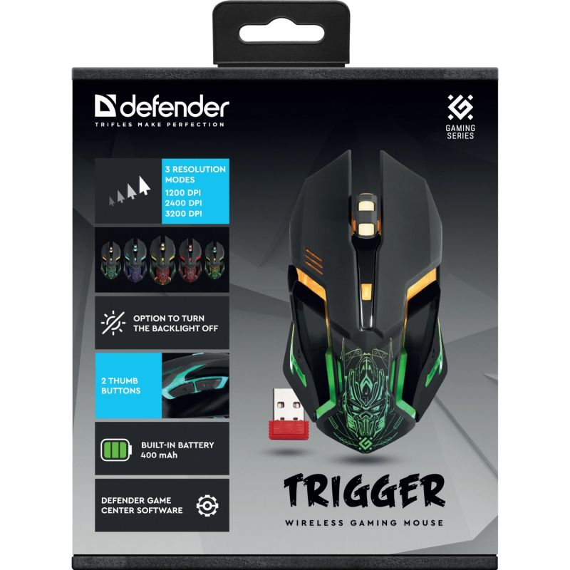 Мишка Defender Trigger GM-934, бездротова, ігрова, 6 кн. 3200 dpi, 350mAh, LED, чорна (52934)