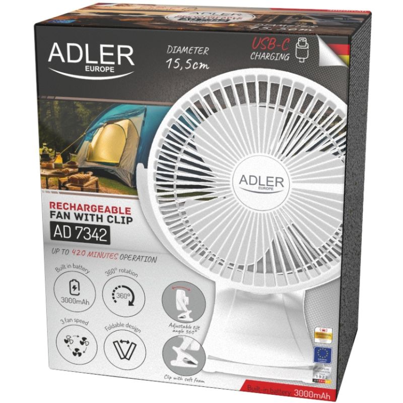 Вентилятор AdlerAD 7342 white настільний/ акумуляторний/ 5Вт/ D=15.5см/ USB-C/ білий (AD7342W)