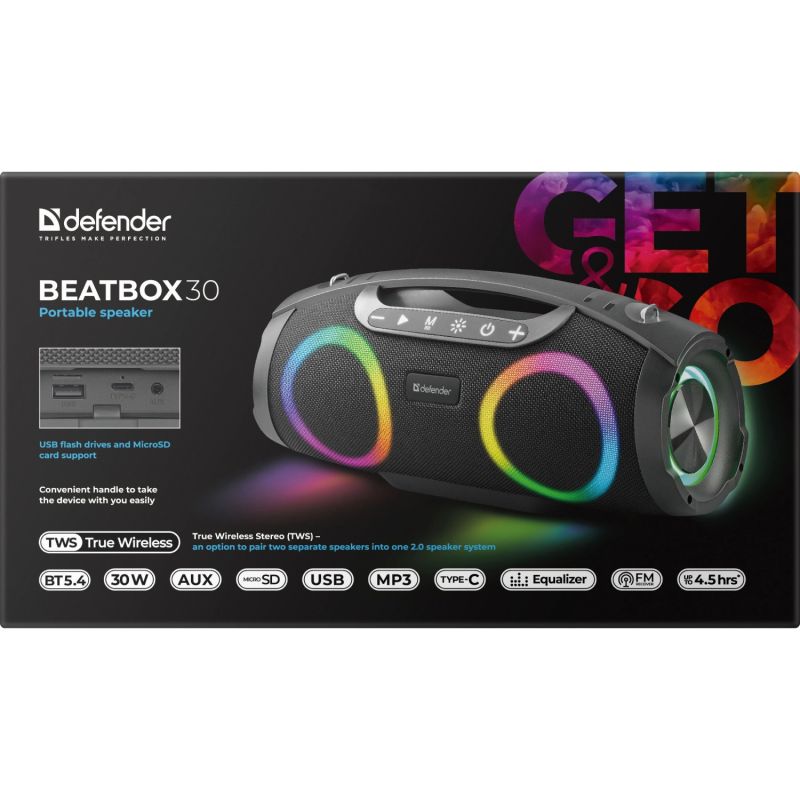 Акустична система 1.0 Defender Beatbox 30, 30Вт Bluetooth/RGB/FM/USB/TF/AUX/TWS чорна (65231)