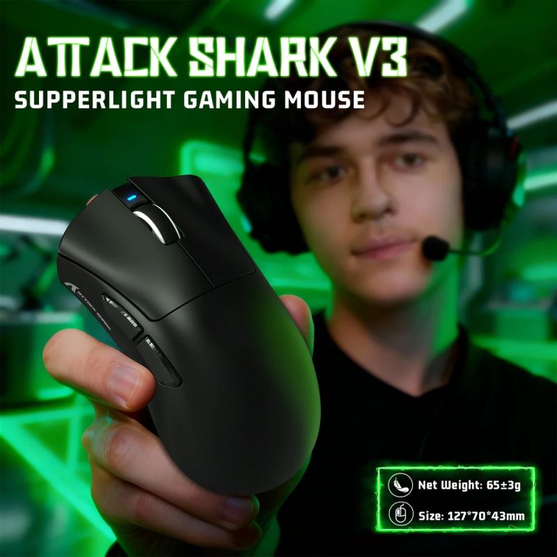 Мишка Attack Shark V3 Ultra-Light, Wireless, PAW3311 сенсор, 25000dpi., 6кн., Black (V3B_AS)