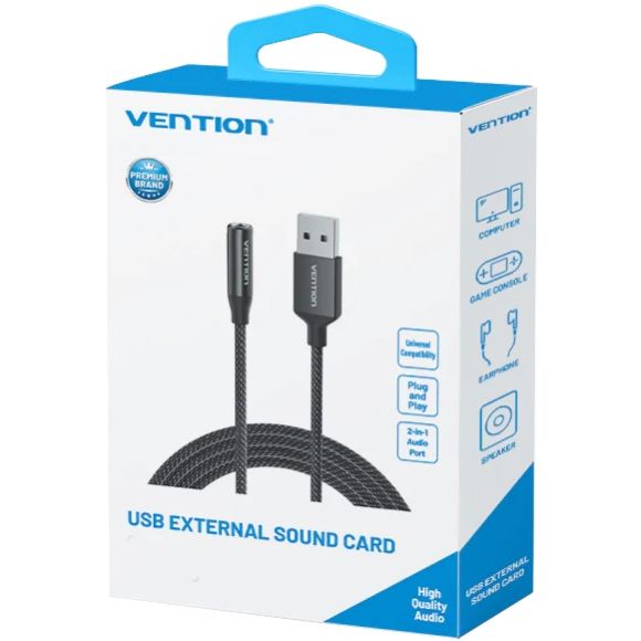 Звукова карта USB AUX jack, TRRS Ear, 0.25 м 96 кГц/24 біт 2-в-1 DSP шумозаглушення Vention (CVEBC)