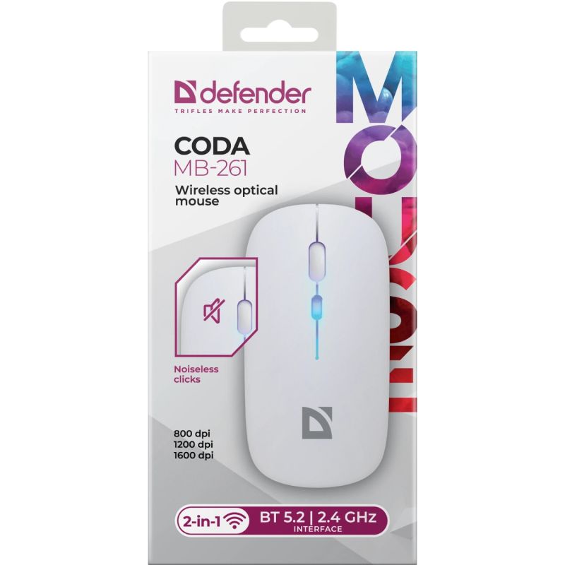 Мишка Defender Coda MB-261 бездротова, Bluetooth+2.4 ГГц, ігрова, 3 кн. 1600 dpi, 300mAh, біла (52262)
