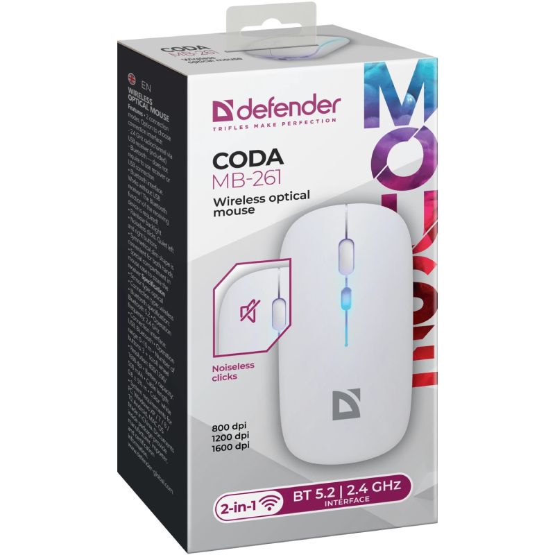 Мишка Defender Coda MB-261 бездротова, Bluetooth+2.4 ГГц, ігрова, 3 кн. 1600 dpi, 300mAh, біла (52262)