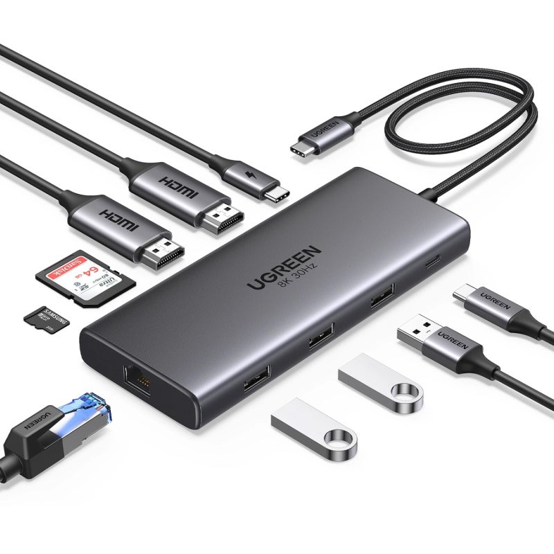 Док-станція USB3.2 Type-C --> HDMIx2,8K30Hz/4K60Hz/3xUSB-A/2xUSB-C 3.2/ RJ45/SD/TF/PD 100W CM639 (15534)