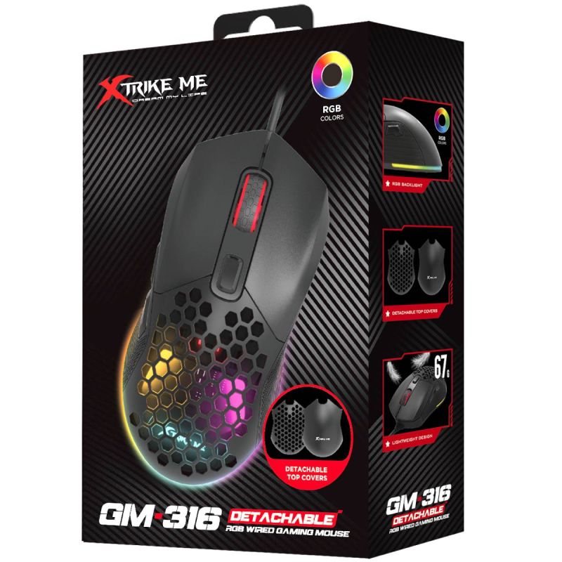 Мишка XTRIKE ME , ігрова 7200dpi., 6кн., 13 режимів RGB, 2 панелі, чорна (GM-316)