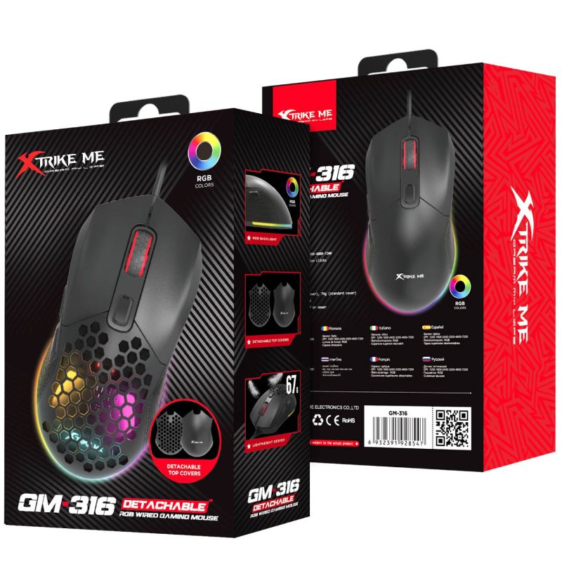 Мишка XTRIKE ME , ігрова 7200dpi., 6кн., 13 режимів RGB, 2 панелі, чорна (GM-316)