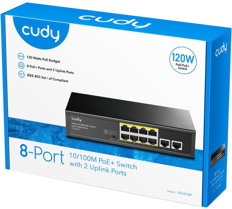 Комутатор Cudy , 8 портовий 10/100M PoE+ Switch with 2 Uplink Ports 120W (FS1010P)