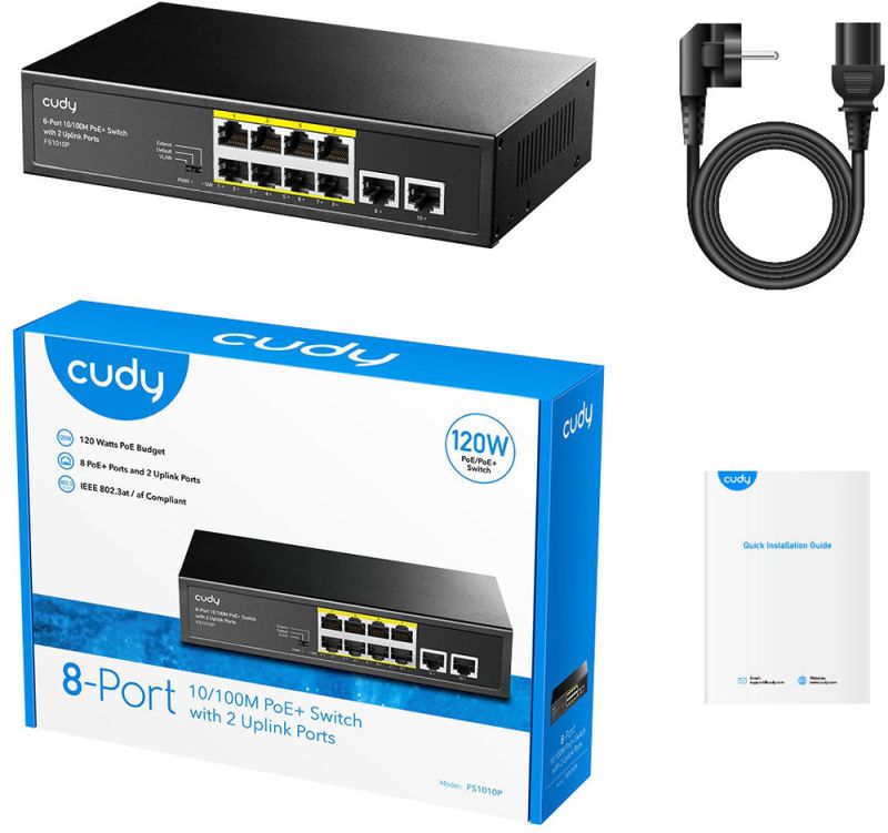Комутатор Cudy , 8 портовий 10/100M PoE+ Switch with 2 Uplink Ports 120W (FS1010P)