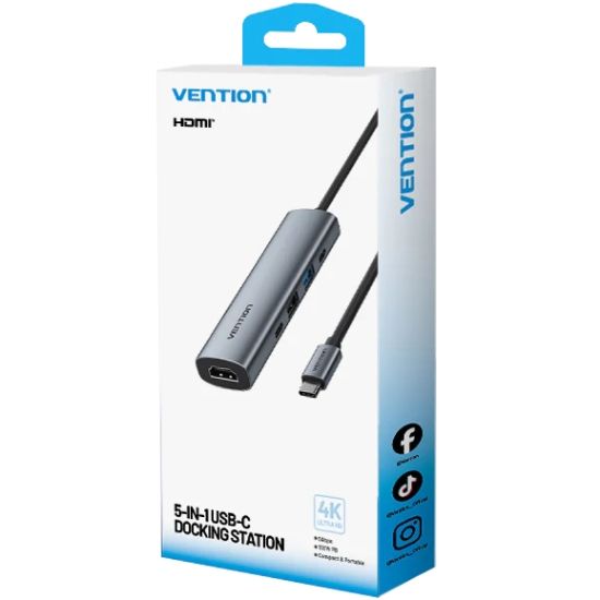 Док-станція USB3.0 Type-C --> HDMI 4K30Hz /USB 3.0/USB 2.0/Type-C 2.0/ PD 100W Hub 5-in-1 Vention (TGLHB)