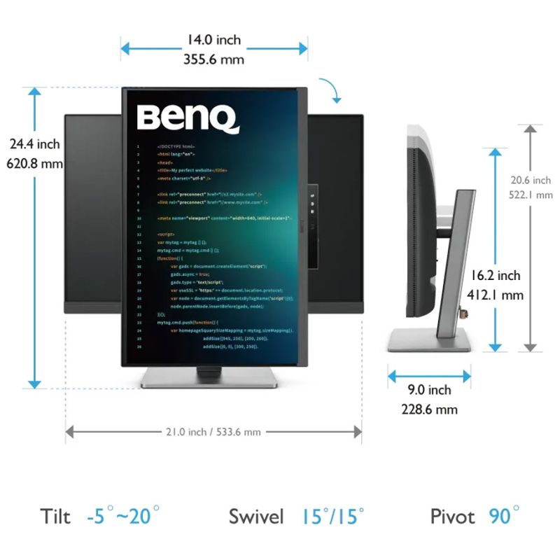 TFT 24.1" BenQ RD240Q, WQXGA, 16:10, HDMI, DP, USB-C, HAS, Pivot, колонки, темно-сірий (9H.LLXLA.TBE)