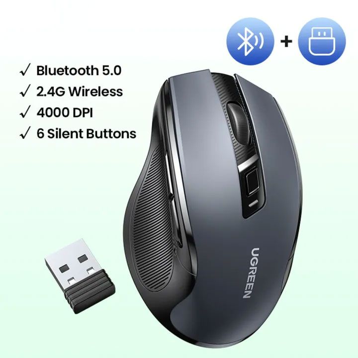 Мишка UGREEN 2.4GHz MU006, бездротова, Bluetooth, 4000dpi., 4кн.,Silence Design, Сіра (90855)