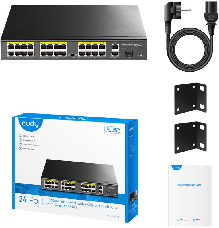 Комутатор Cudy , 24 порт10/100M PoE+ Switch with 2 Gigabit Port+ 1SFP 300W (FS1026PS1)