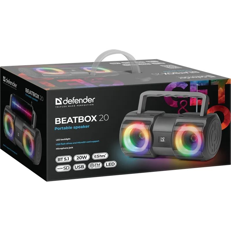 Акустична система Defender 1.0 Beatbox 20Вт, Light/BT/MIC/FM/USB/TF (65420)