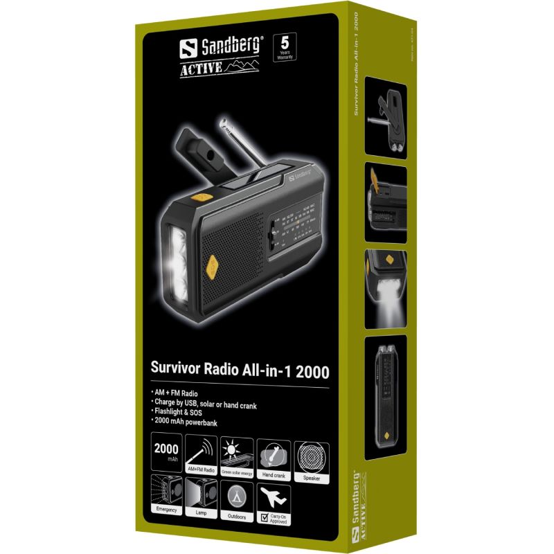 Радіо приймач FM/AM Survivor Radio All-in-1 2000, solar charger, powerbank, Flashlight, Sandberg (421-04)