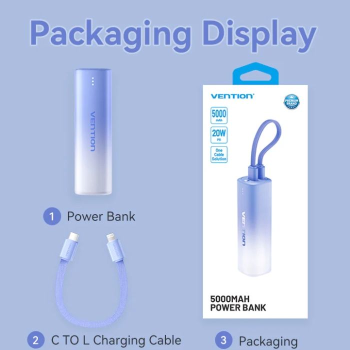 УМБ Vention 5000mAh 20W PD, USB-C In/Out, Lightning In/Out, with cable, Gradient Blue (FHWL0)