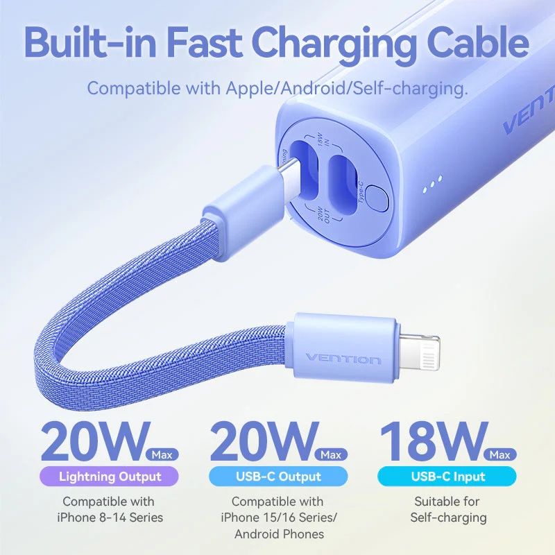 УМБ Vention 5000mAh 20W PD, USB-C In/Out, Lightning In/Out, with cable, Gradient Blue (FHWL0)