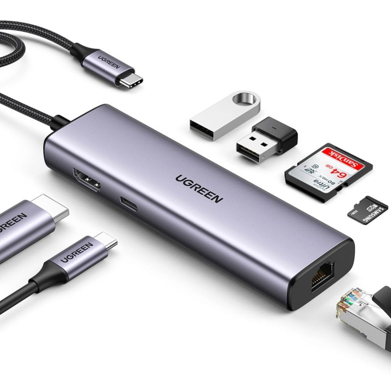 Док-станція USB3.1 Type-C --> HDMI 4K60Hz/USB 3.0x2/RJ45/SD/TF/PD 100W Ugreen CM512 Сіра (90568)